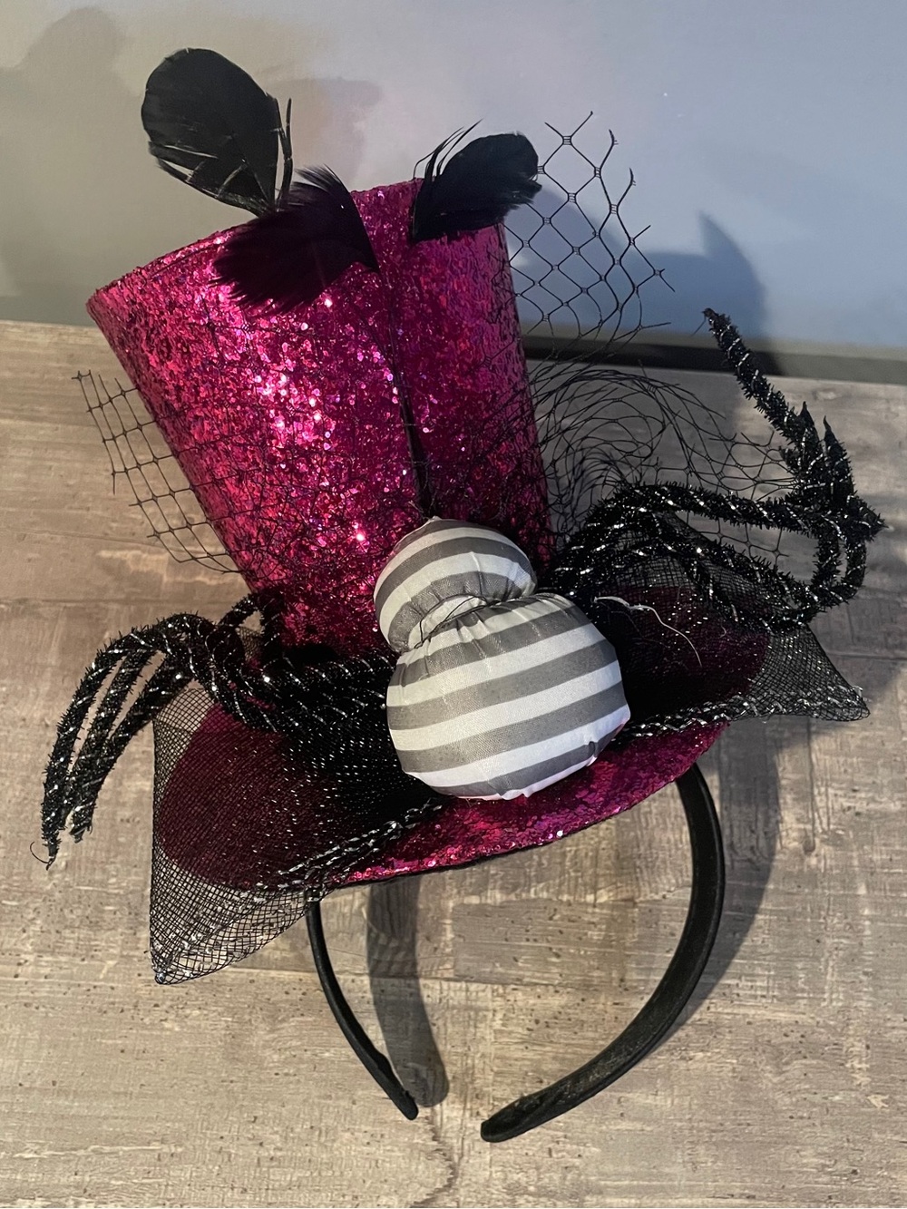 Halloween Mini Top Hat Headband Sparkling Purple Black Spider